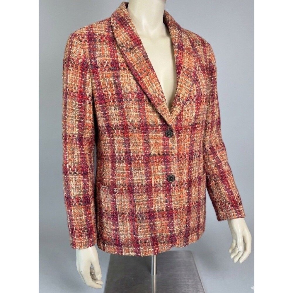 Vtg Midnight Velvet Tweed Plaid Blazer Jacket Women's 18W Orange Burgundy Autumn